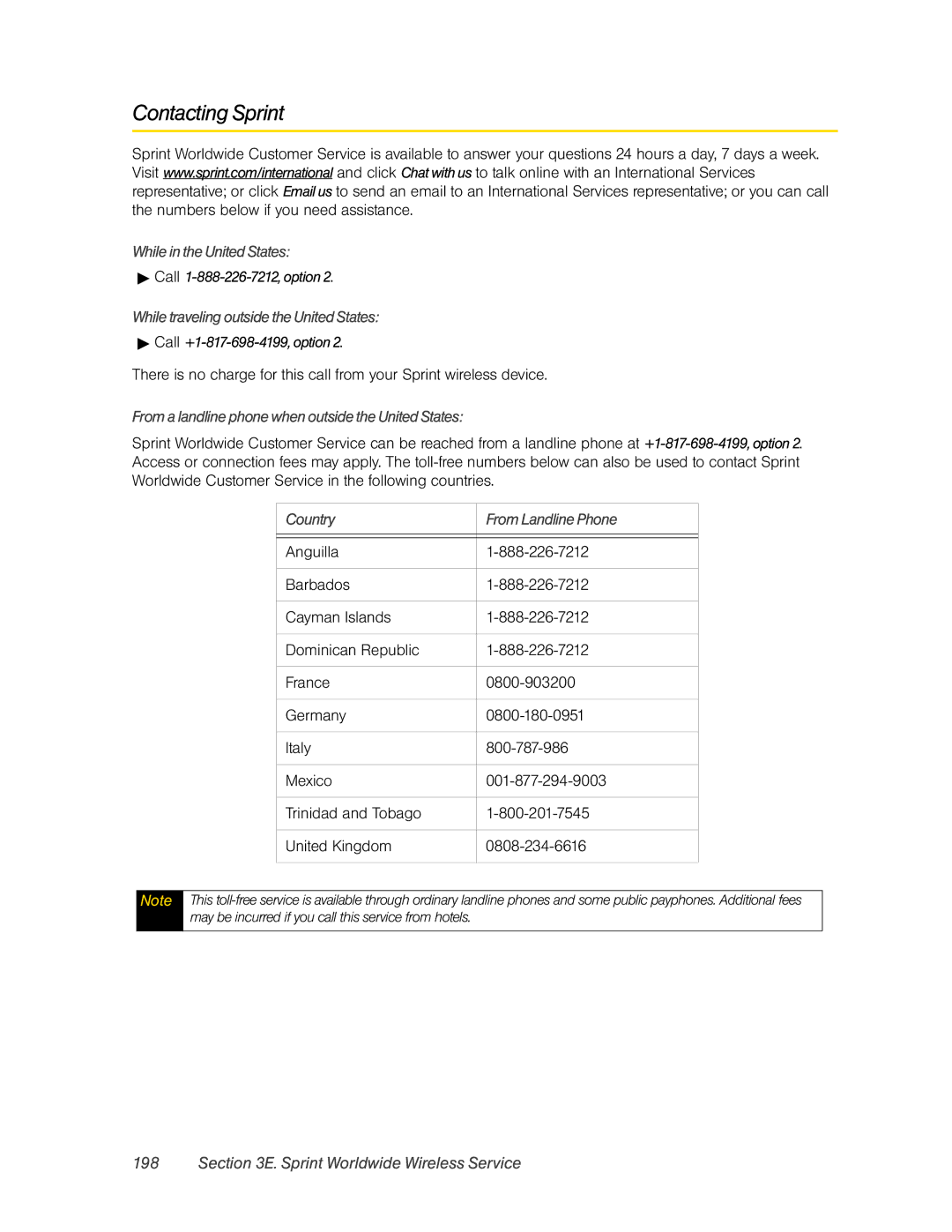 HTC Pro2 manual Contacting Sprint, While in the United States, While traveling outside the United States 