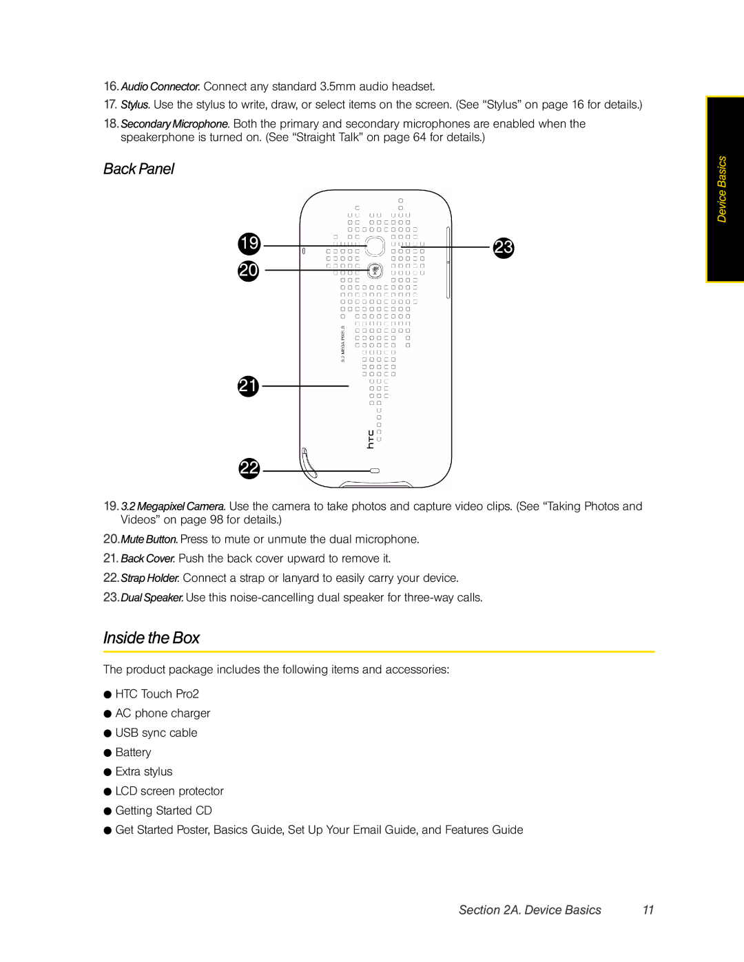 HTC Pro2 manual Inside the Box, Back Panel 