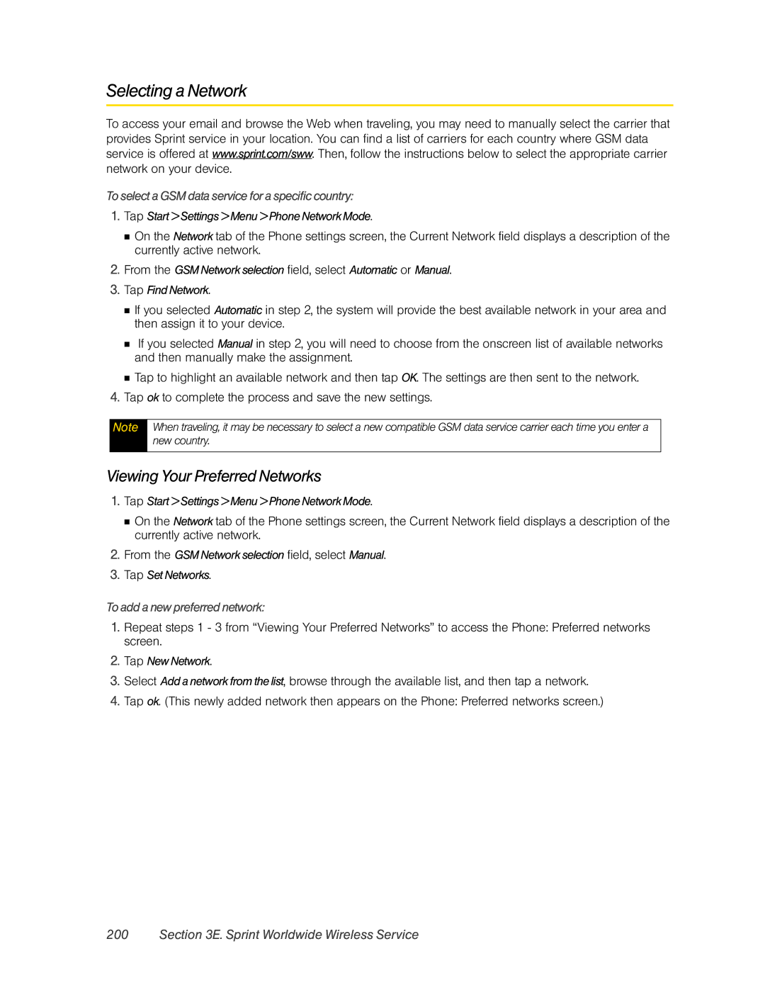 HTC Pro2 manual Selecting a Network, Viewing Your Preferred Networks, To select a GSM data service for a specific country 