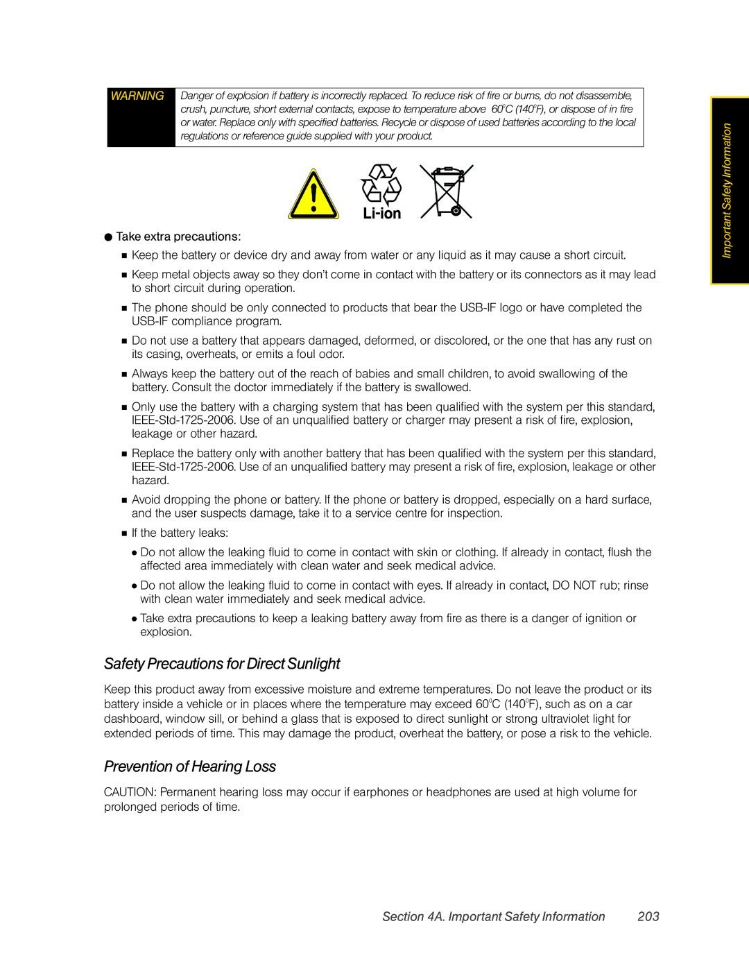 HTC Pro2 manual Safety Precautions for Direct Sunlight, Prevention of Hearing Loss, Important Safety Information 203 