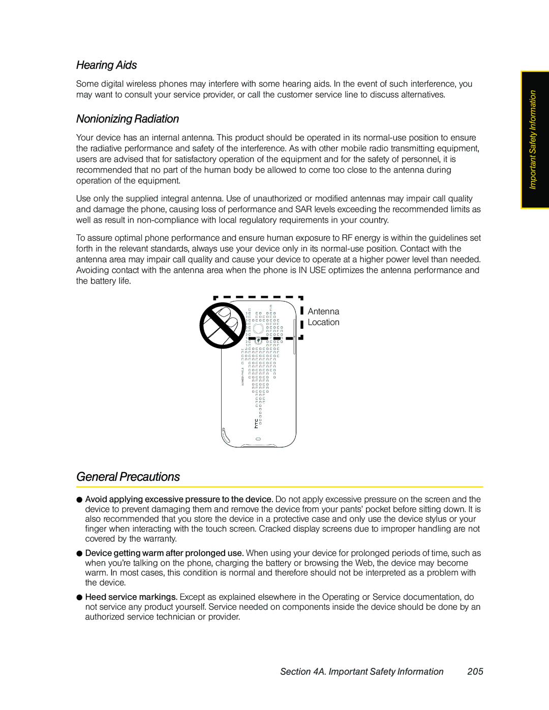 HTC Pro2 manual General Precautions, Hearing Aids, Nonionizing Radiation, Important Safety Information 205 