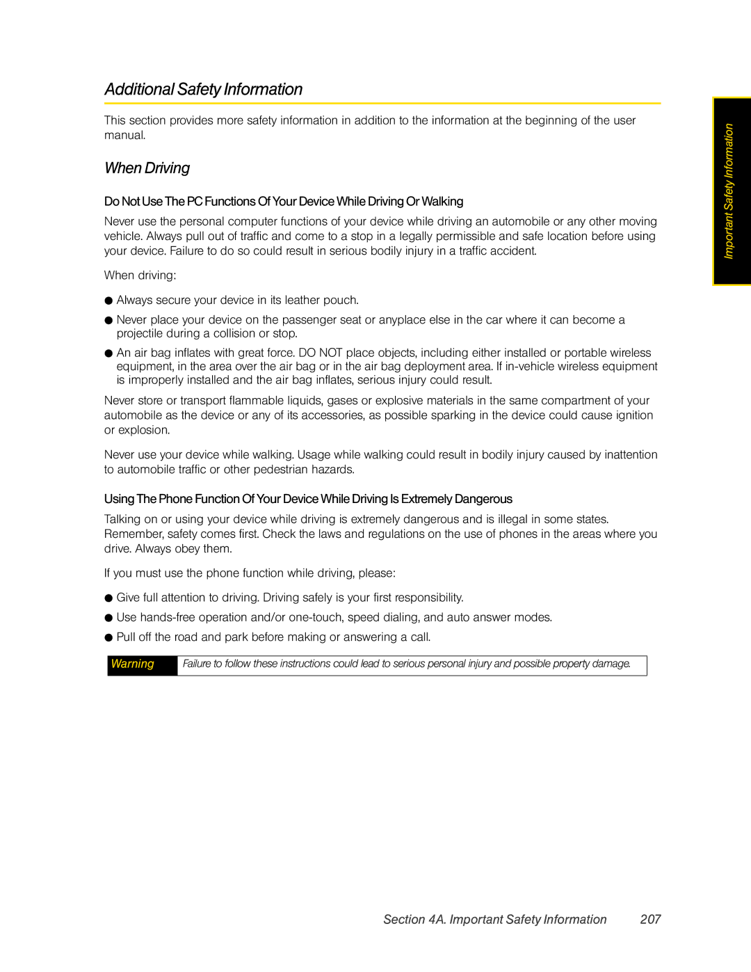 HTC Pro2 manual Additional Safety Information, When Driving, Important Safety Information 207 