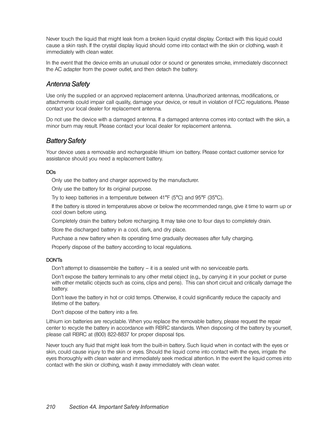 HTC Pro2 manual Antenna Safety, Battery Safety 