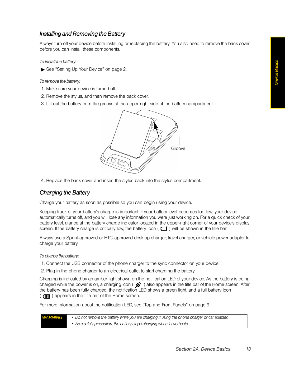 HTC Pro2 manual Installing and Removing the Battery, Charging the Battery, To install the battery, To remove the battery 