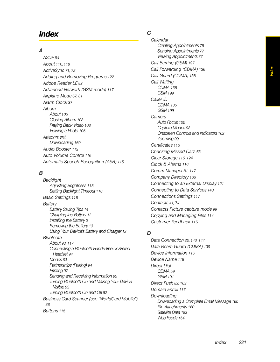 HTC Pro2 manual Index, A2DP 