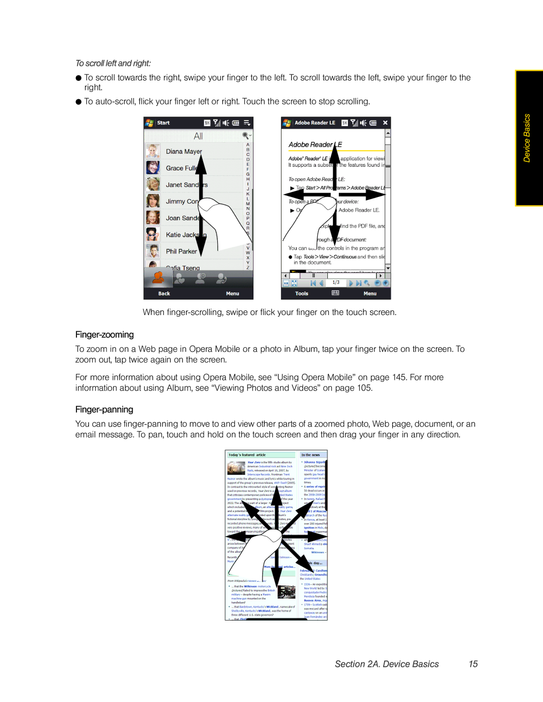 HTC Pro2 manual Finger-zooming, Finger-panning, To scroll left and right 