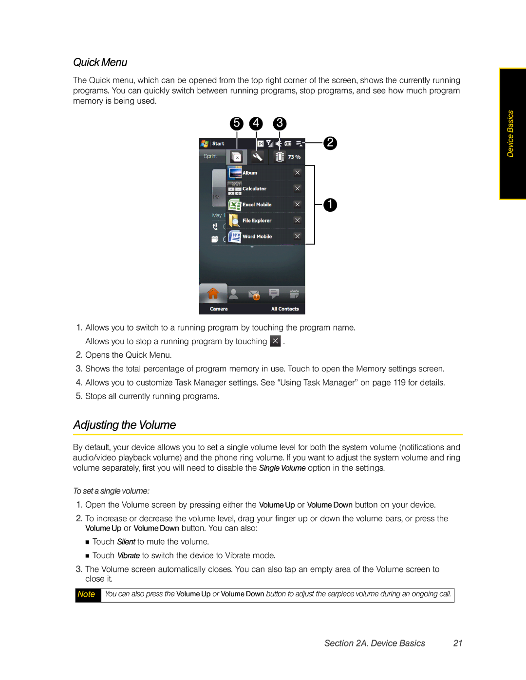 HTC Pro2 manual Adjusting the Volume, Quick Menu, To set a single volume 