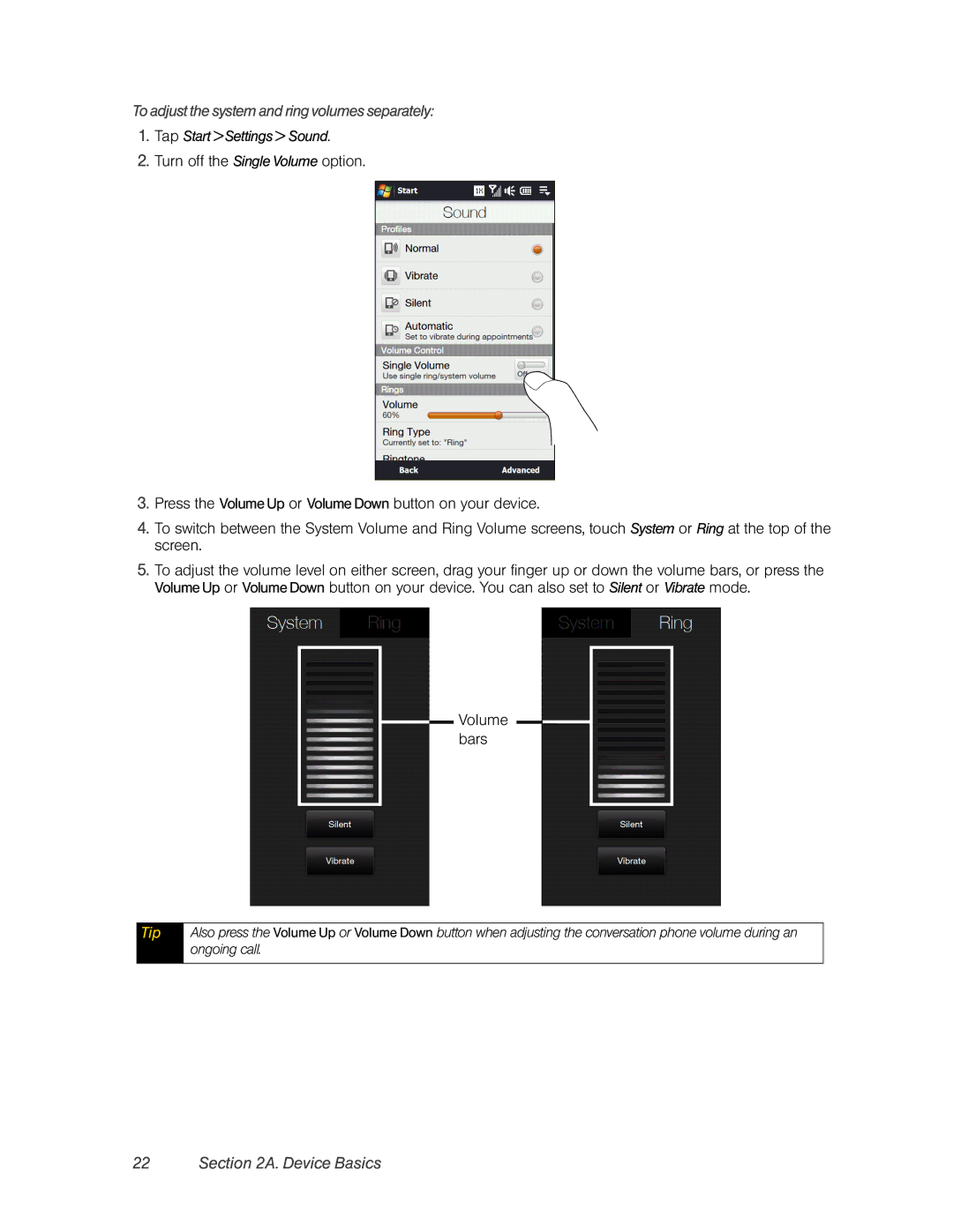 HTC Pro2 manual To adjust the system and ring volumes separately, Tap Start Settings Sound 