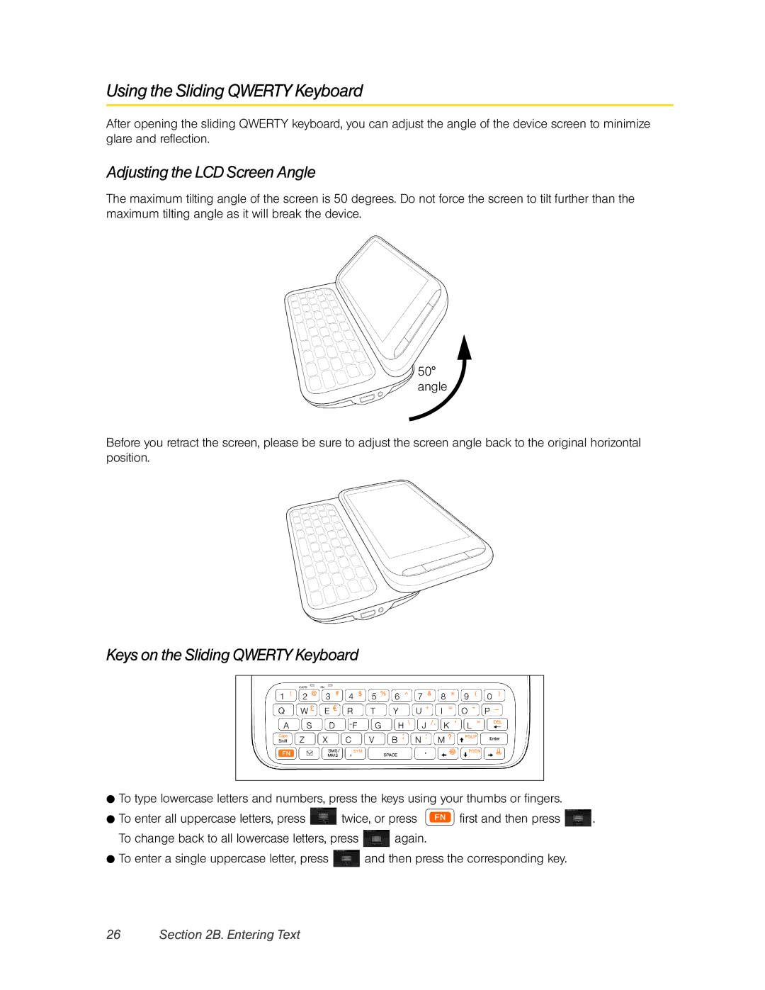 HTC Pro2 manual Using the Sliding Qwerty Keyboard, Adjusting the LCD Screen Angle, Keys on the Sliding Qwerty Keyboard 