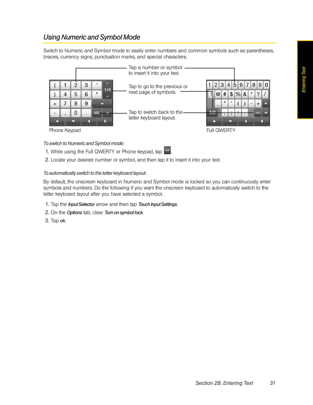 HTC Pro2 manual Using Numeric and Symbol Mode, To switch to Numeric and Symbol mode 