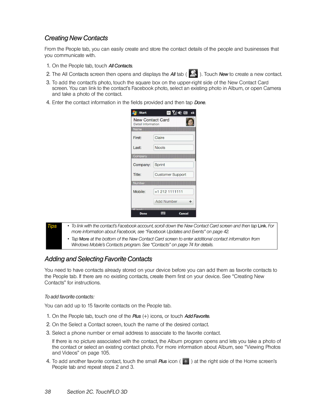 HTC Pro2 manual Creating New Contacts, Adding and Selecting Favorite Contacts, To add favorite contacts 