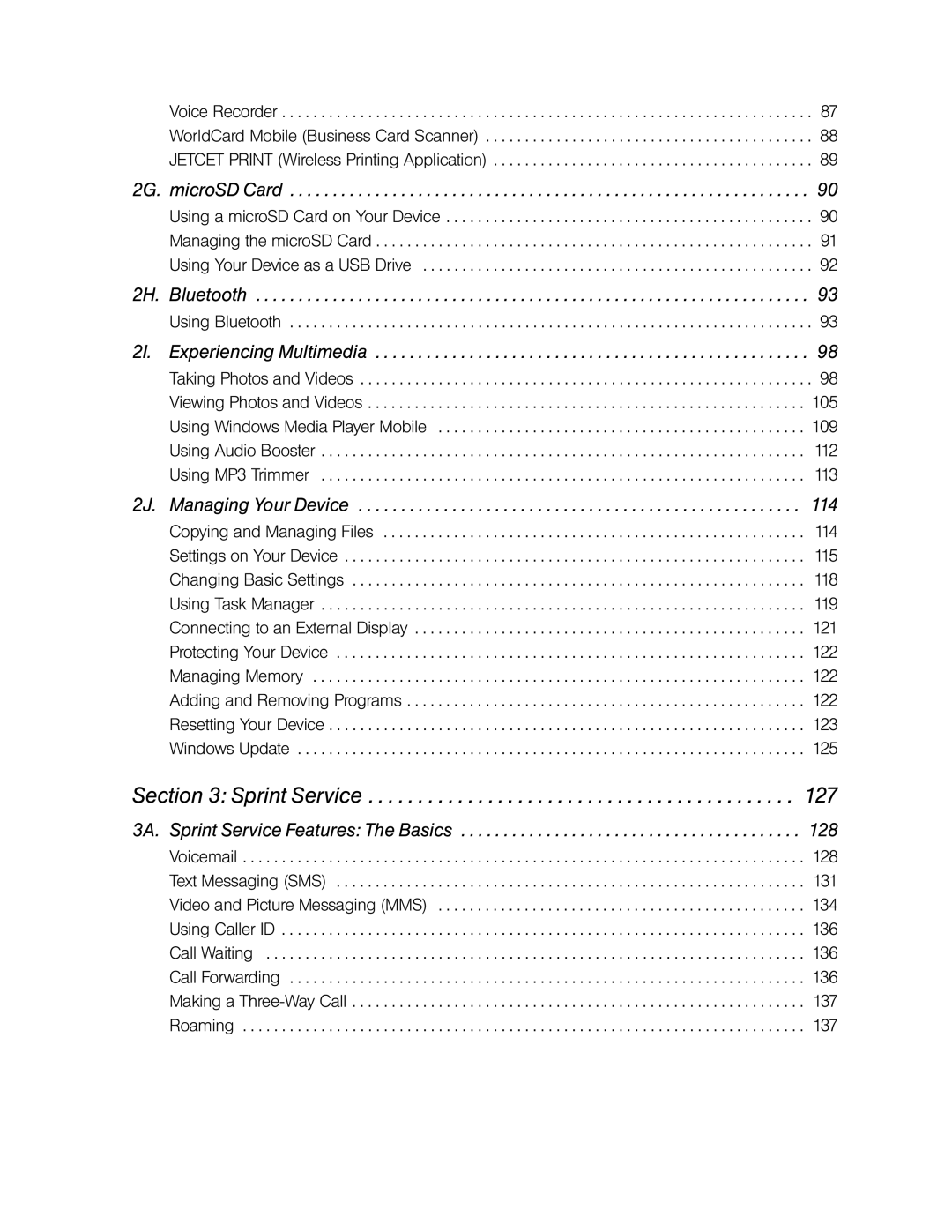 HTC Pro2 manual Sprint Service, 2G. microSD Card 