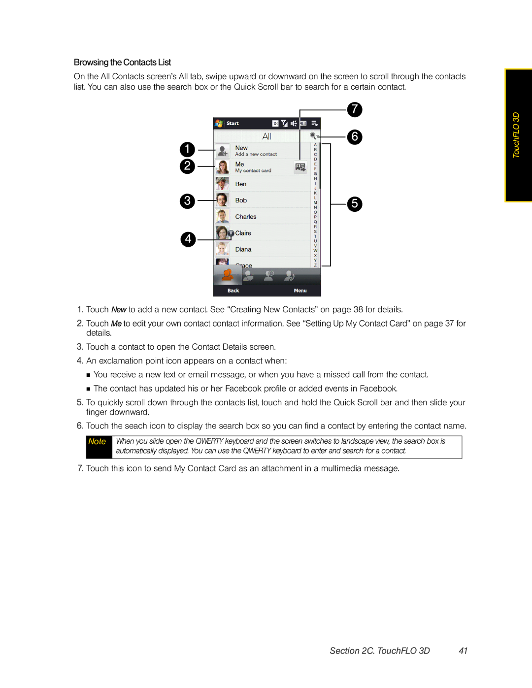 HTC Pro2 manual Browsing the Contacts List 