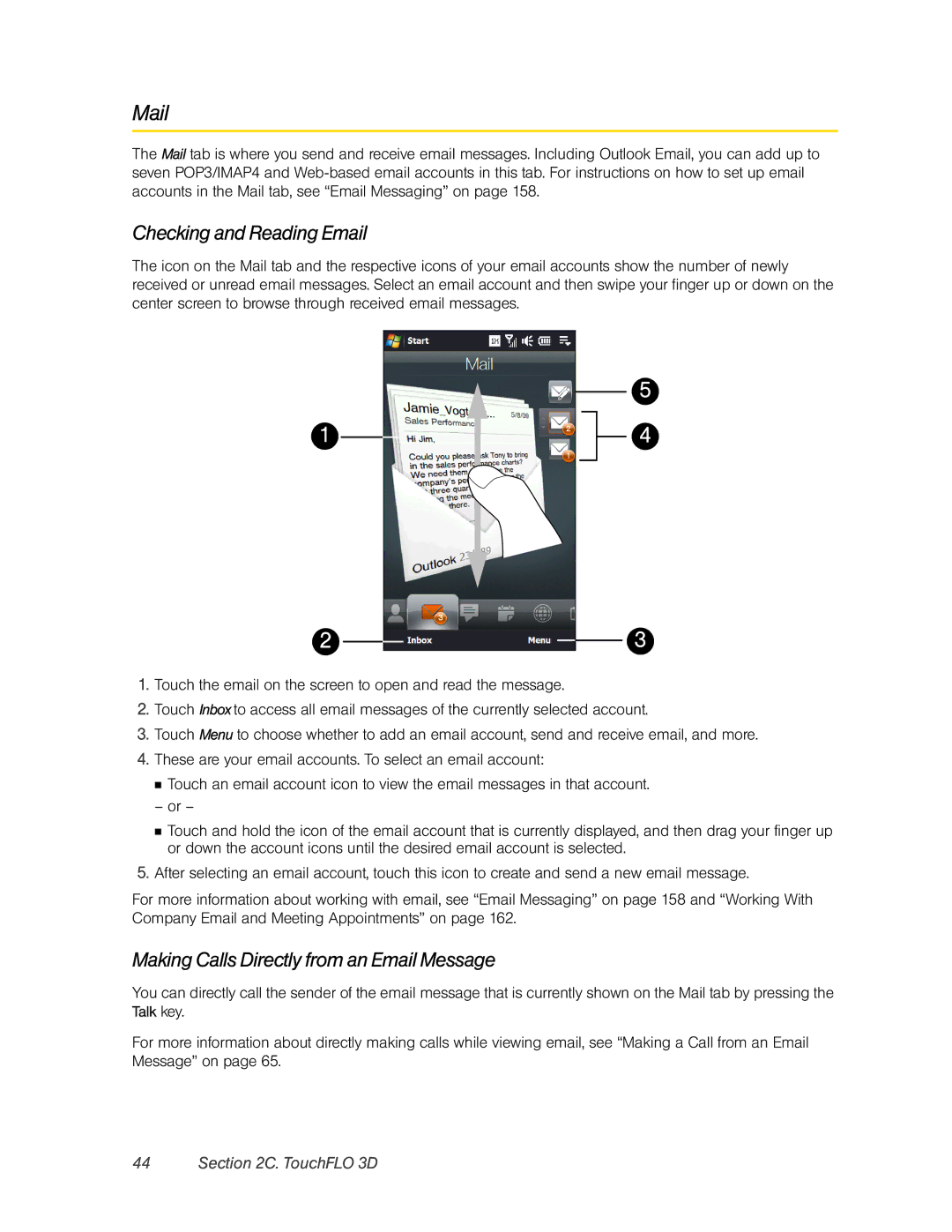 HTC Pro2 manual Mail, Checking and Reading Email, Making Calls Directly from an Email Message 