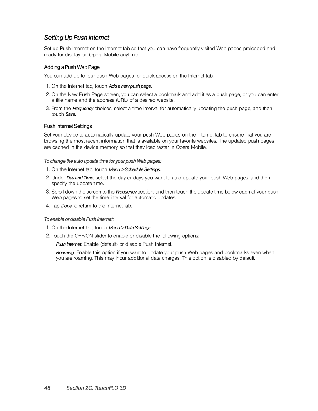 HTC Pro2 manual Setting Up Push Internet, Adding a Push Web, Push Internet Settings, To enable or disable Push Internet 