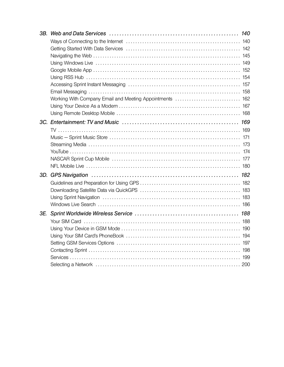 HTC Pro2 manual 3B. Web and Data Services, 3C. Entertainment TV and Music 