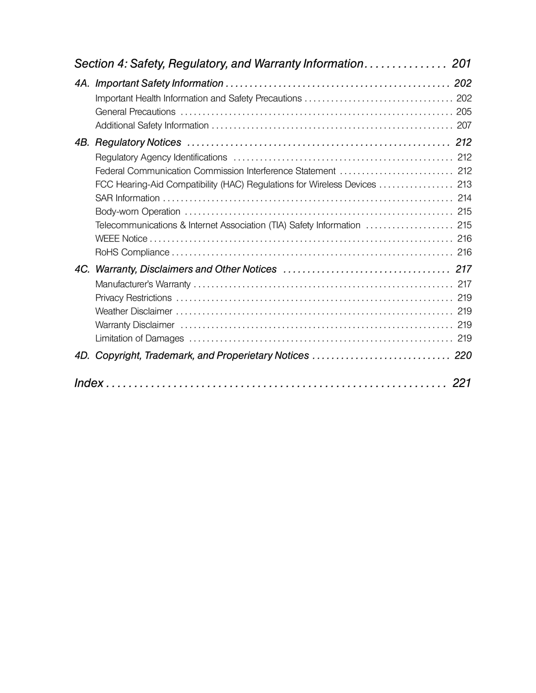 HTC Pro2 manual Safety, Regulatory, and Warranty Information, Index 