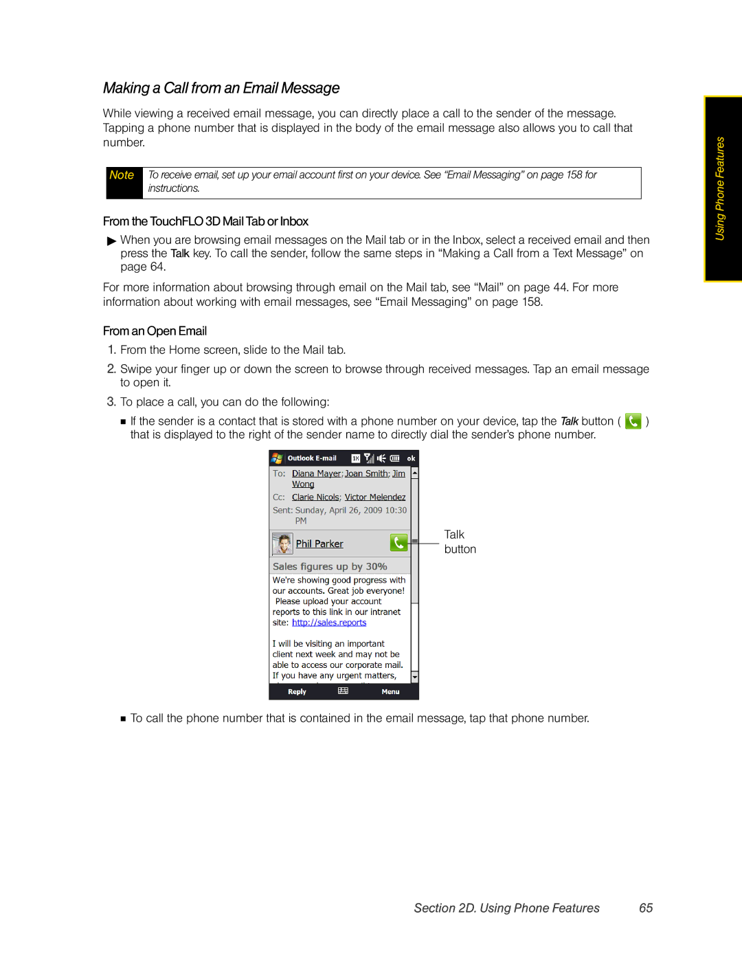 HTC Pro2 manual Making a Call from an Email Message, From the TouchFLO 3D Mail Tab or Inbox, From an Open Email 