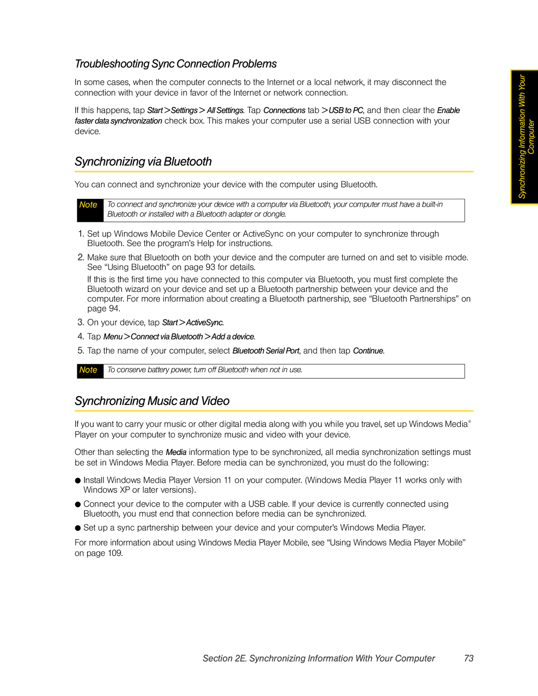 HTC Pro2 manual Synchronizing via Bluetooth, Synchronizing Music and Video, Troubleshooting Sync Connection Problems 