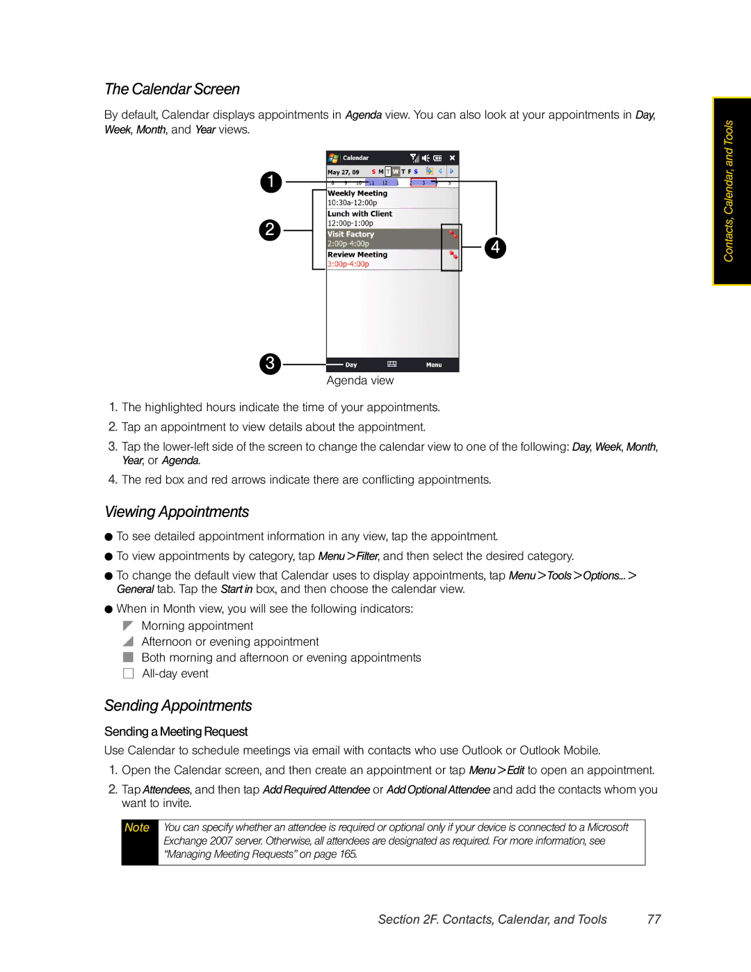 HTC Pro2 manual Calendar Screen, Viewing Appointments, Sending Appointments, Sending a Meeting Request 