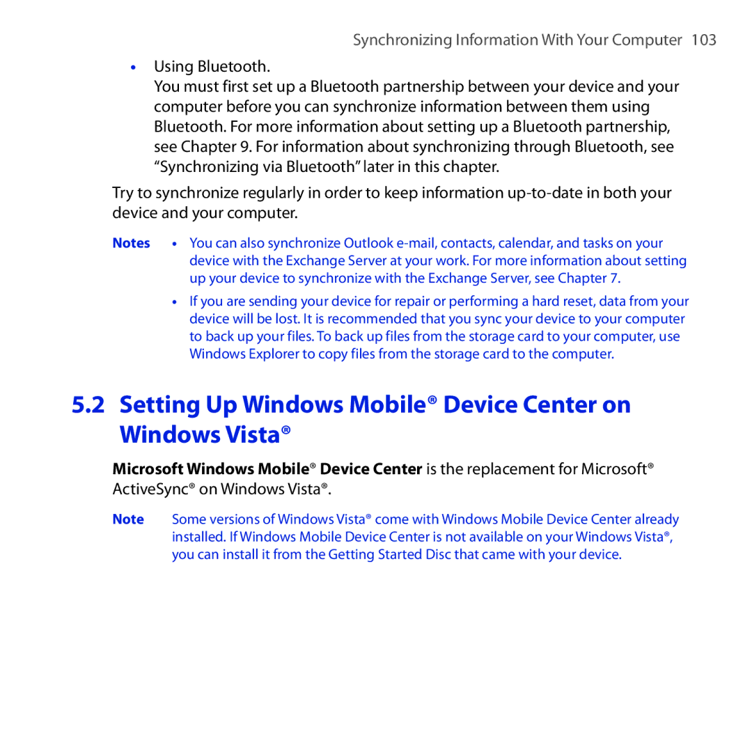 HTC RAPH100 user manual Setting Up Windows Mobile Device Center on Windows Vista, Using Bluetooth 