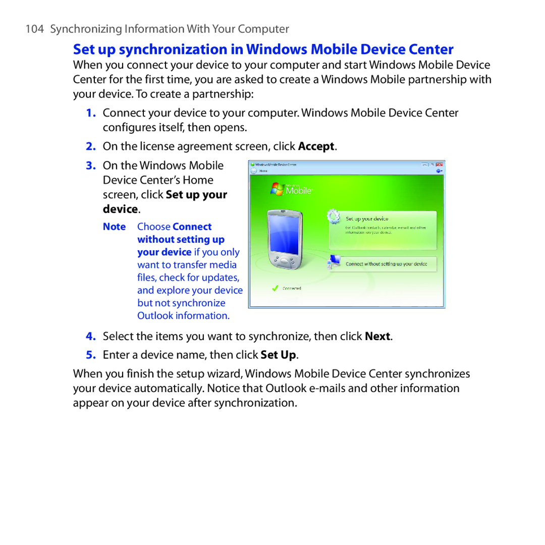 HTC RAPH100 user manual Set up synchronization in Windows Mobile Device Center 