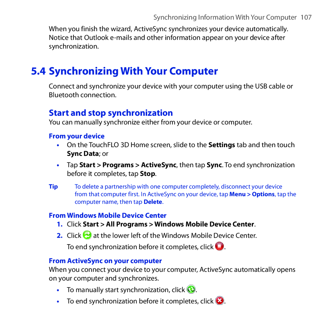 HTC RAPH100 user manual Start and stop synchronization, From your device, From Windows Mobile Device Center 