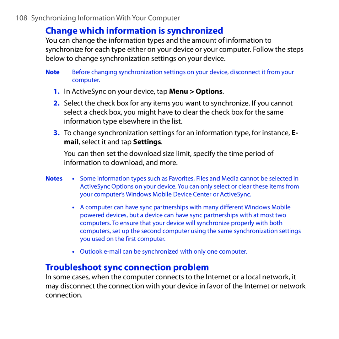 HTC RAPH100 user manual Change which information is synchronized, Troubleshoot sync connection problem 