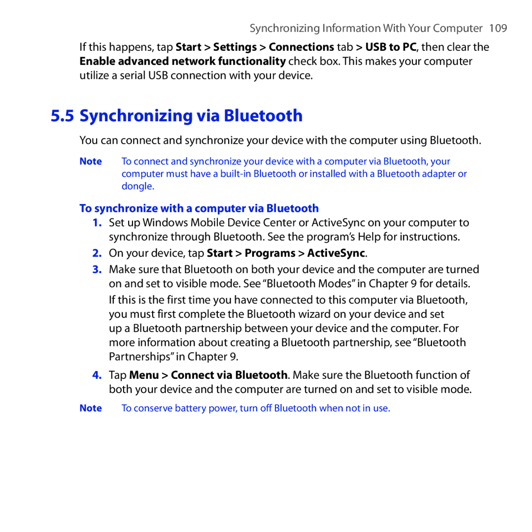 HTC RAPH100 user manual To synchronize with a computer via Bluetooth, On your device, tap Start Programs ActiveSync 