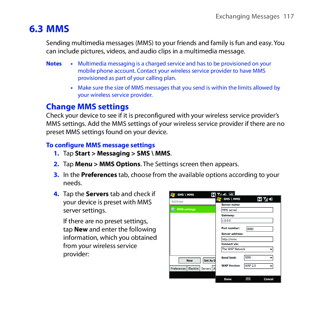 HTC RAPH100 user manual Change MMS settings, To configure MMS message settings, Tap Start Messaging SMS \ MMS 