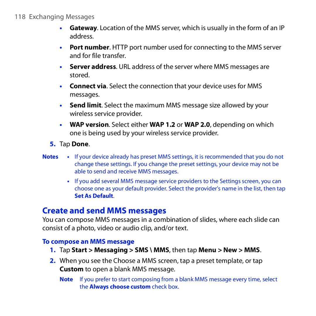 HTC RAPH100 Create and send MMS messages, To compose an MMS message, Tap Start Messaging SMS \ MMS, then tap Menu New MMS 