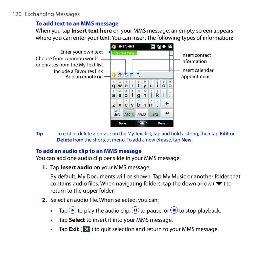 HTC RAPH100 user manual To add text to an MMS message, To add an audio clip to an MMS message 