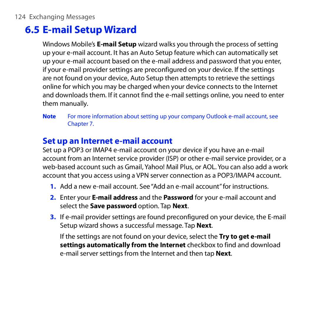 HTC RAPH100 user manual Mail Setup Wizard, Set up an Internet e-mail account 