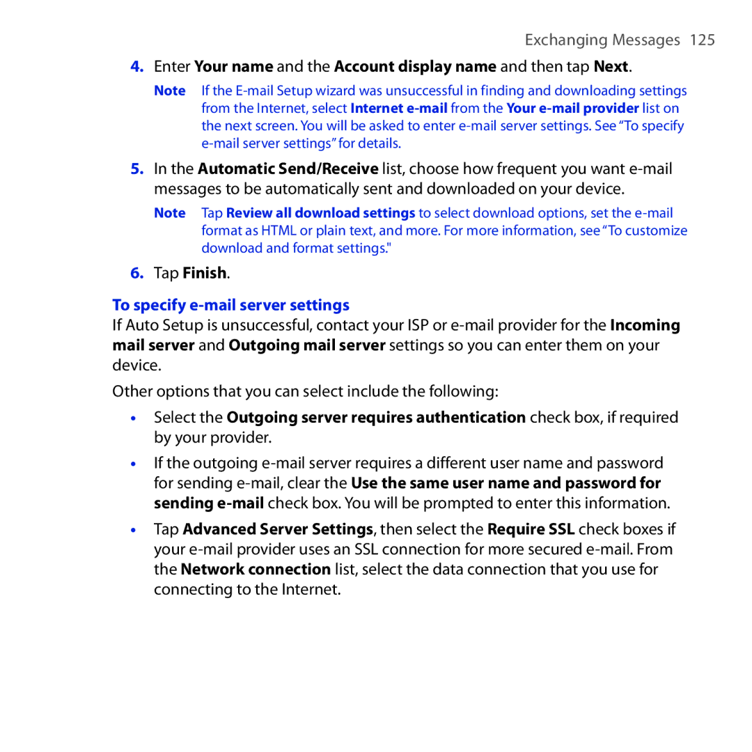 HTC RAPH100 user manual Tap Finish, To specify e-mail server settings 