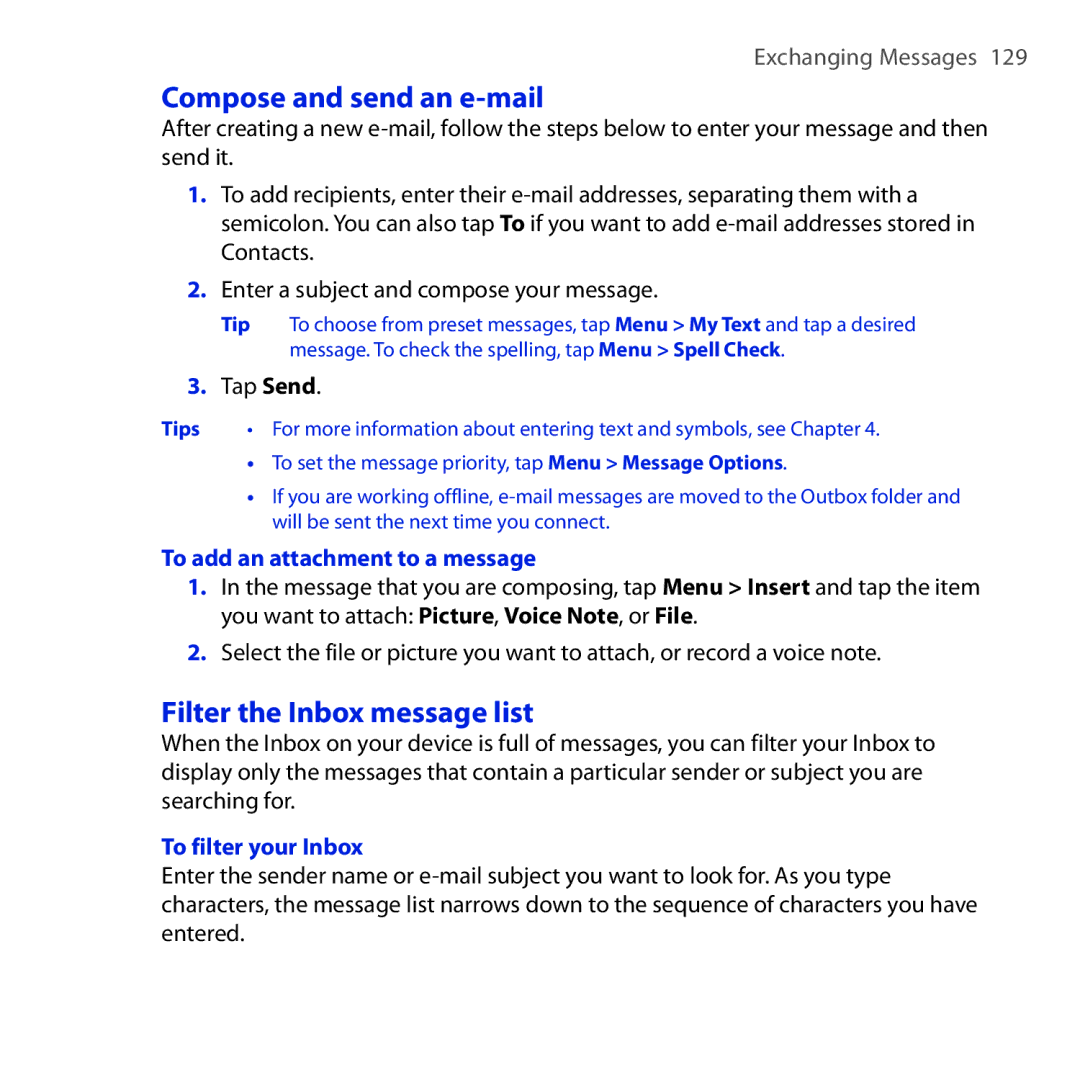 HTC RAPH100 user manual Compose and send an e-mail, Filter the Inbox message list, To add an attachment to a message 