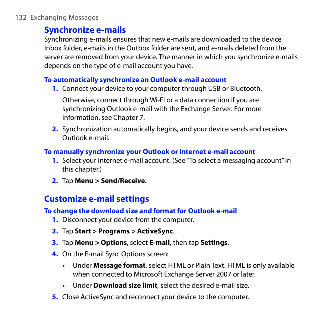 HTC RAPH100 Synchronize e-mails, Customize e-mail settings, To automatically synchronize an Outlook e-mail account 