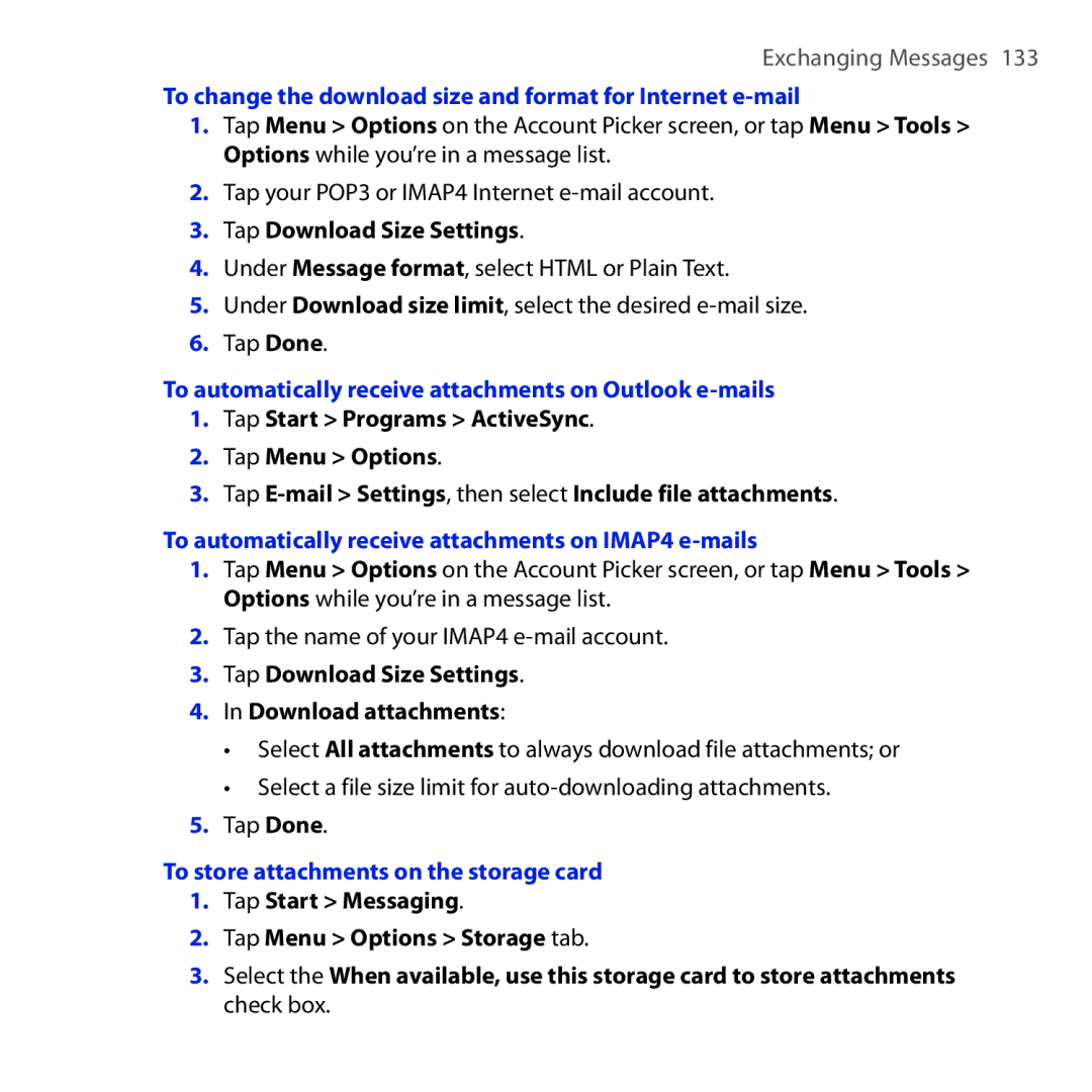 HTC RAPH100 To change the download size and format for Internet e-mail, To store attachments on the storage card 