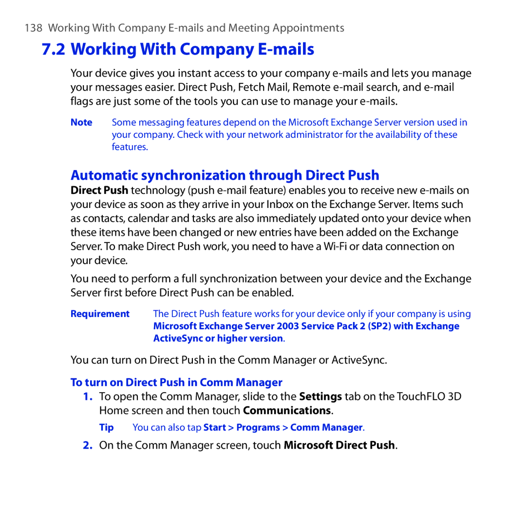 HTC RAPH100 user manual Automatic synchronization through Direct Push, To turn on Direct Push in Comm Manager 