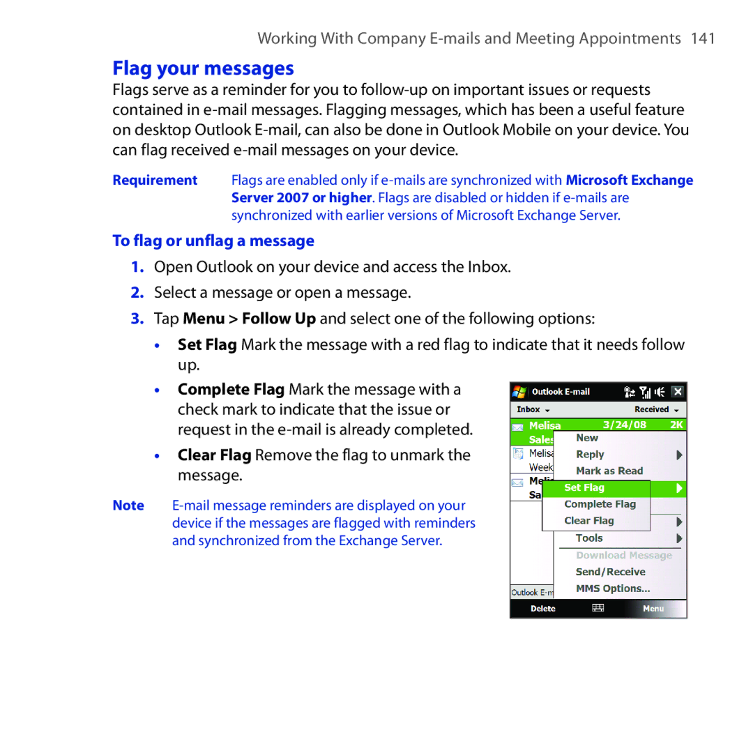 HTC RAPH100 user manual Flag your messages, To flag or unflag a message, Clear Flag Remove the flag to unmark the message 