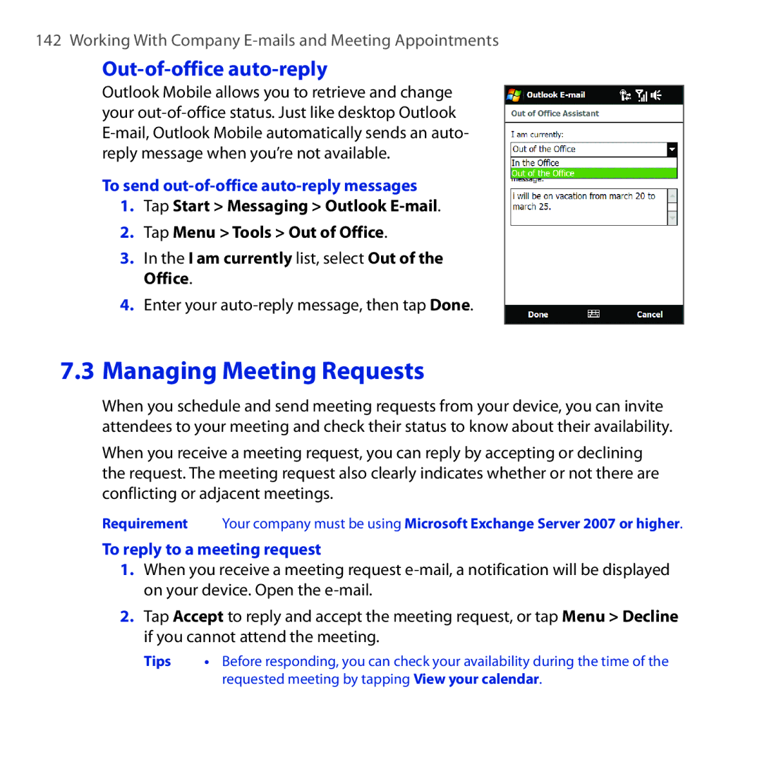 HTC RAPH100 user manual Out-of-office auto-reply, To send out-of-office auto-reply messages, To reply to a meeting request 