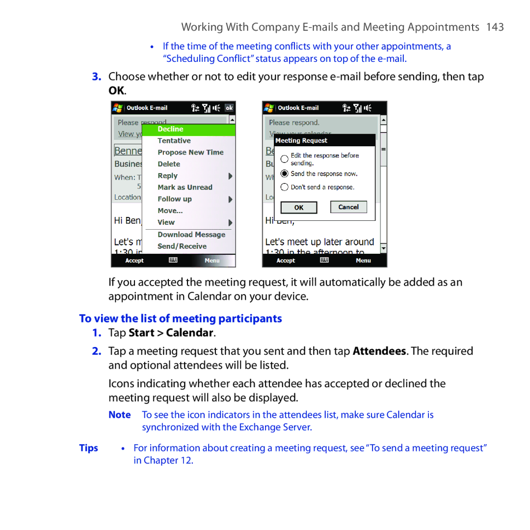 HTC RAPH100 user manual To view the list of meeting participants, Tap Start Calendar 