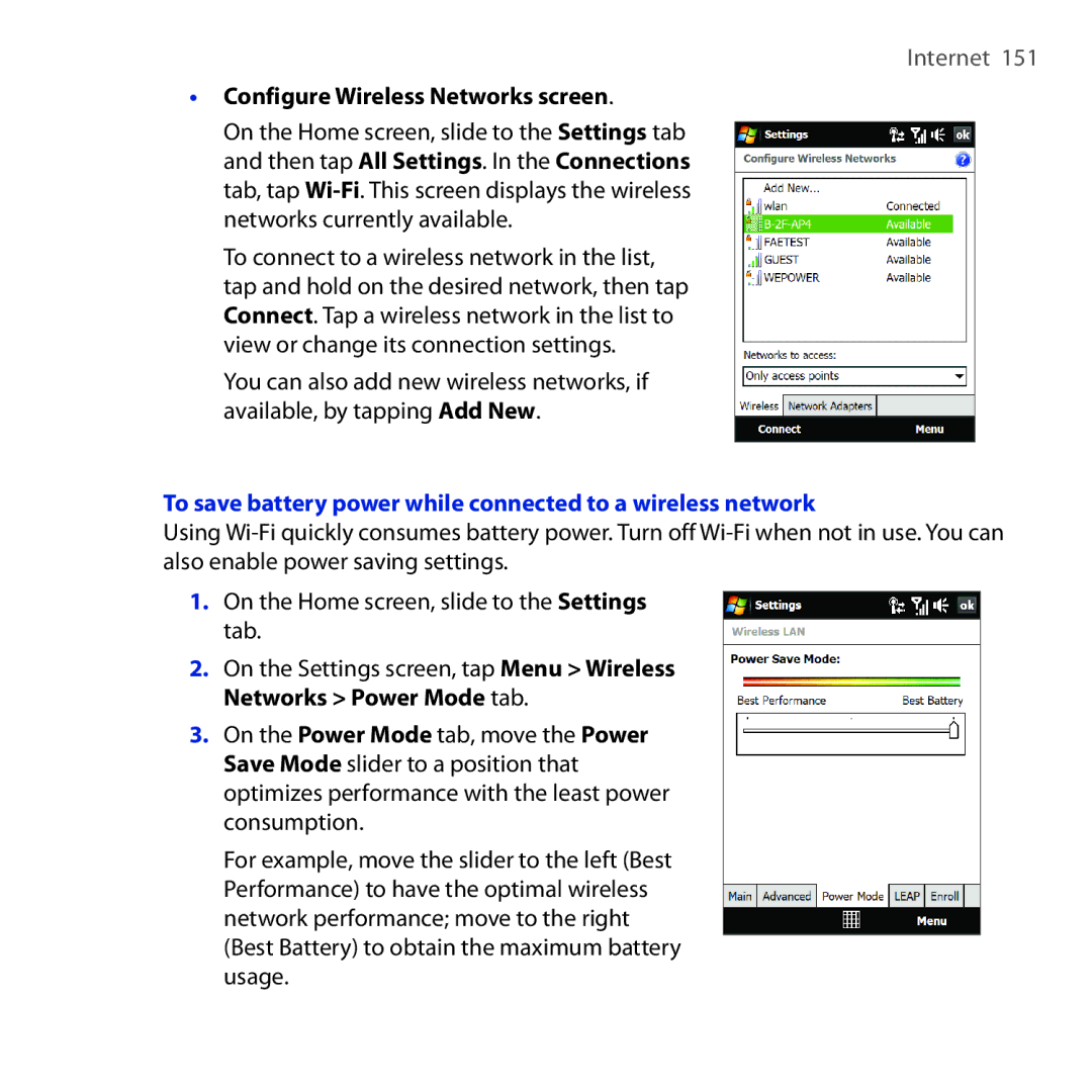 HTC RAPH100 user manual Configure Wireless Networks screen, To save battery power while connected to a wireless network 