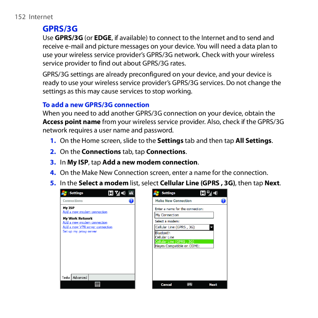 HTC RAPH100 user manual To add a new GPRS/3G connection 