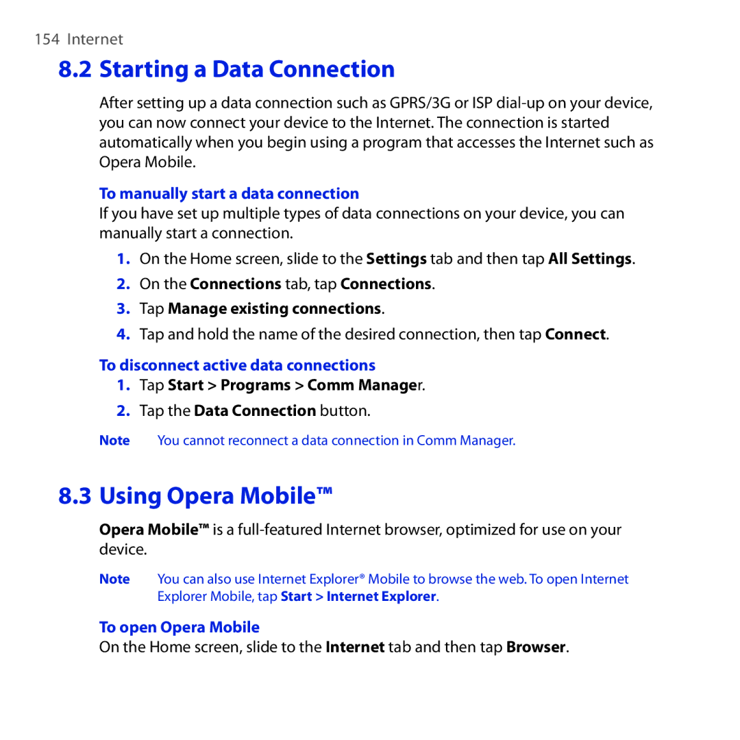 HTC RAPH100 user manual To manually start a data connection, To disconnect active data connections, To open Opera Mobile 