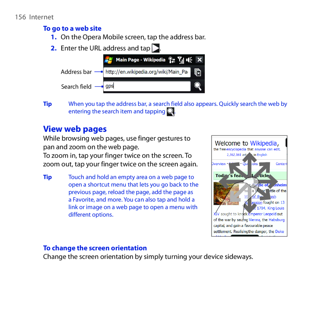 HTC RAPH100 user manual View web pages, To go to a web site, To change the screen orientation 