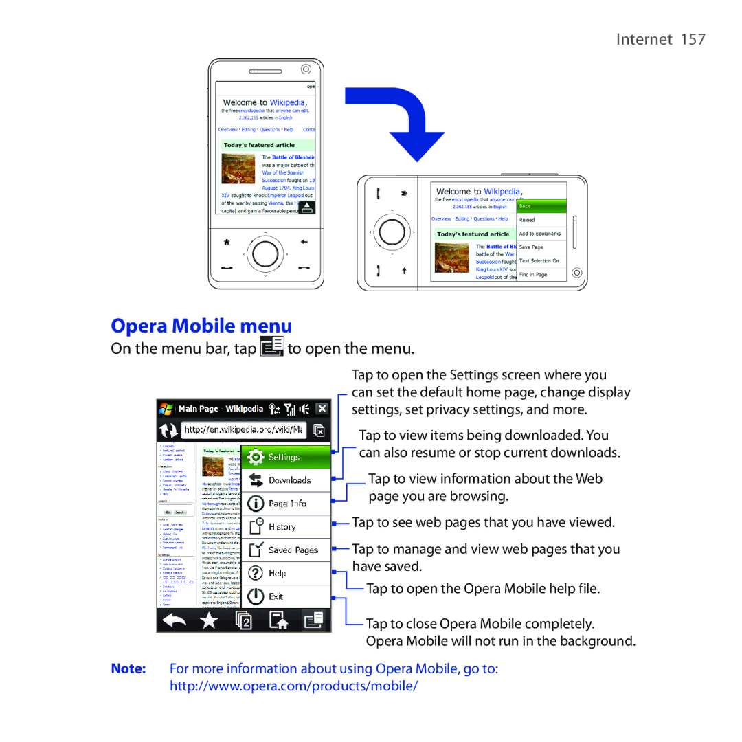 HTC RAPH100 user manual Opera Mobile menu, On the menu bar, tap to open the menu 