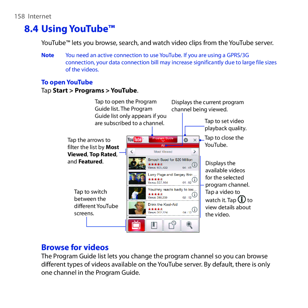 HTC RAPH100 user manual Browse for videos, To open YouTube, Tap Start Programs YouTube 