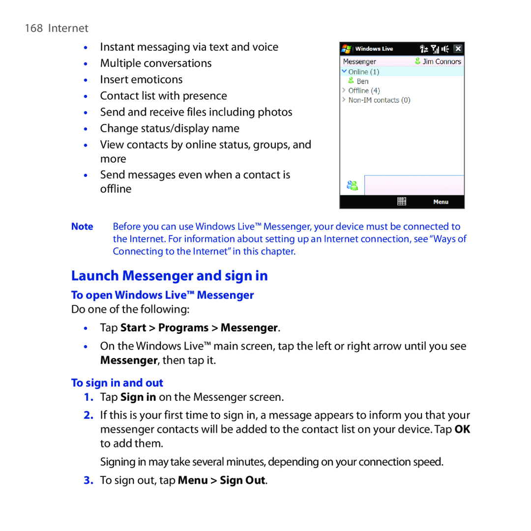 HTC RAPH100 Launch Messenger and sign, To open Windows Live Messenger, Tap Start Programs Messenger, To sign in and out 