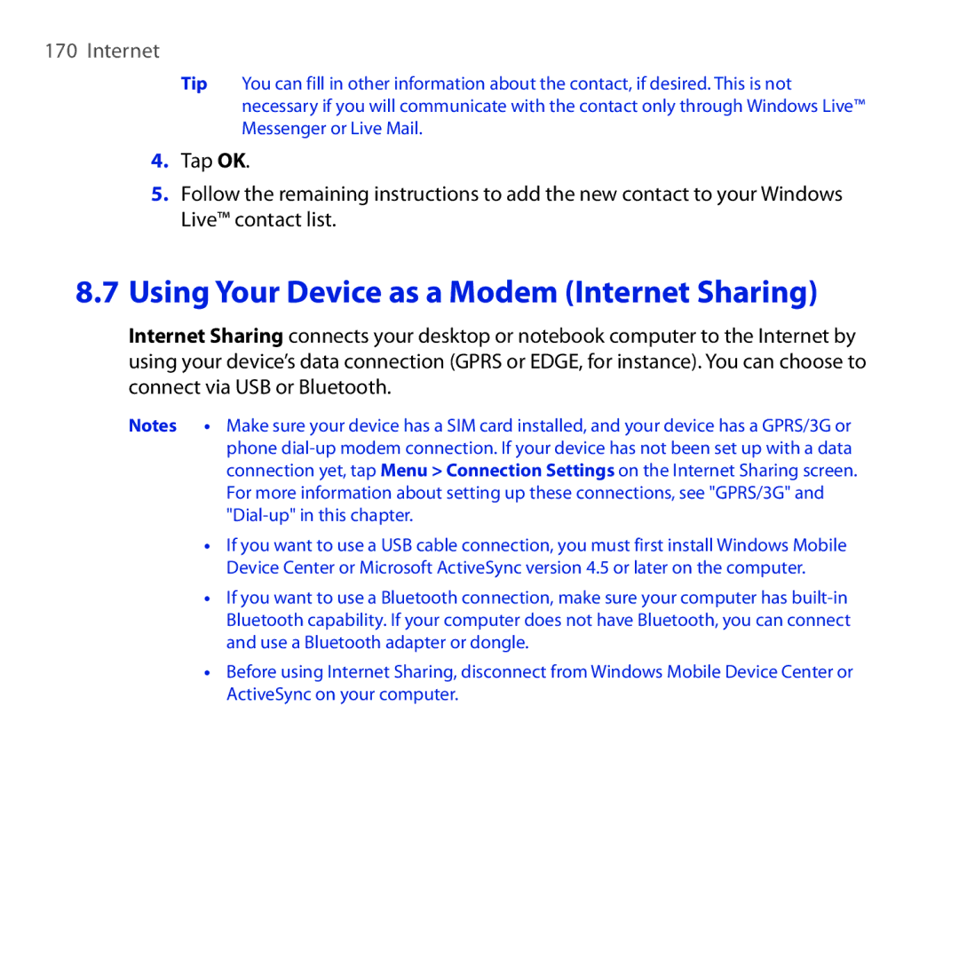 HTC RAPH100 user manual Using Your Device as a Modem Internet Sharing 