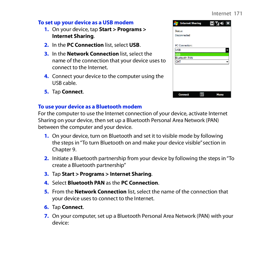 HTC RAPH100 user manual To set up your device as a USB modem, To use your device as a Bluetooth modem 